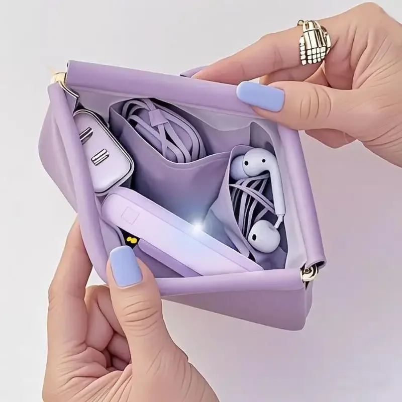 sac de rangement avec fermeture automatique, sac de rangement pour écouteurs filaires, porte-monnaie en pu, mini sac portable pour rouge à lèvres et maquillage