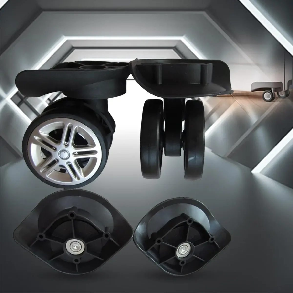 roues rechange bagages nylon noires pivotantes muettes diamètre cinquante huit millimètres usage voyage reparation accessoires