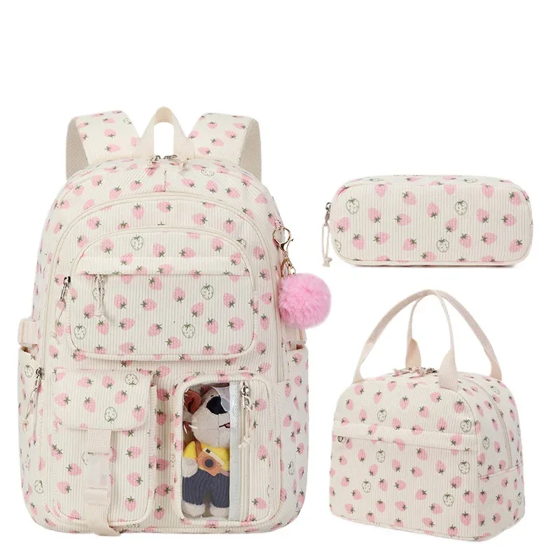 lot de 3 sacs à dos en velours côtelé motif fraise, multifonctionnels, pour l'école, les voyages, grande capacité, légers, pour étudiants