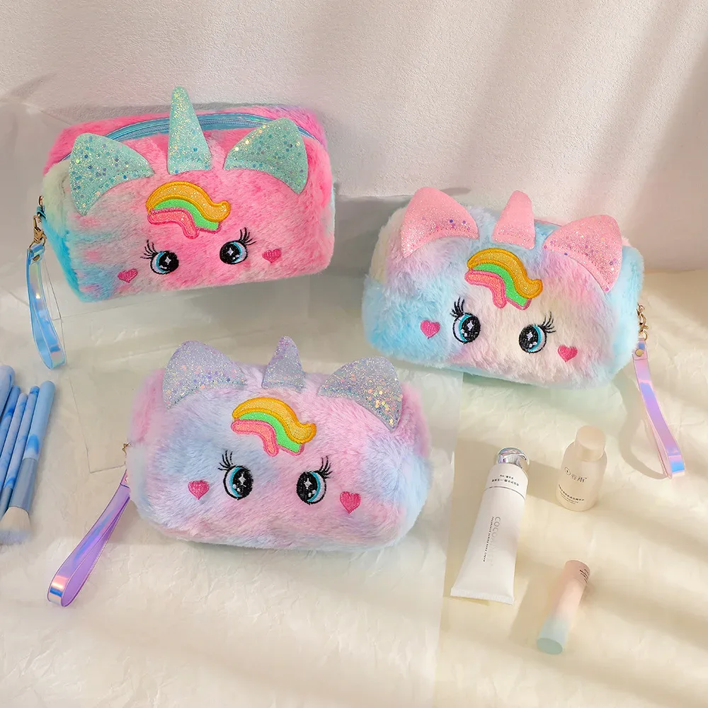 trousse toilette velours licorne rose bleu blanc design mignon ovale transport fille étudiante cosmétique maquillage
