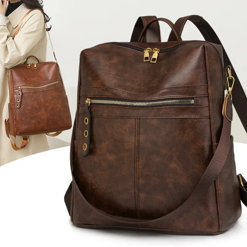 sac dos pu vintage femme marron noir beige polyester zippé bandoulière amovible compartiment intérieur