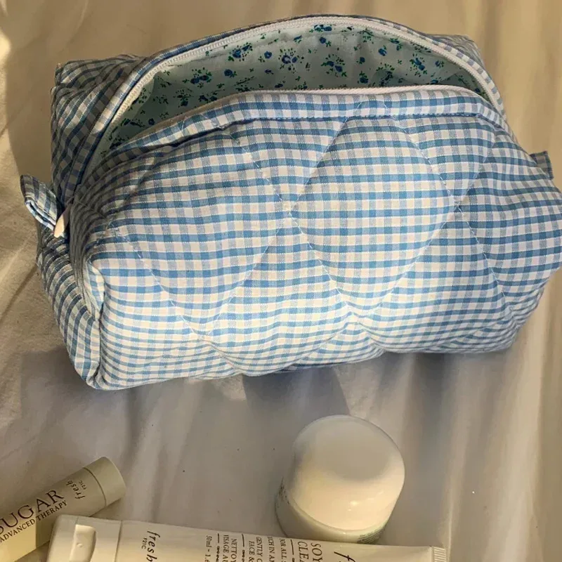 sac de maquillage à fleurs à carreaux, sac de rangement de cosmétiques portable de grande capacité, sac de lavage matelassé en coton, pochette de soins de la peau