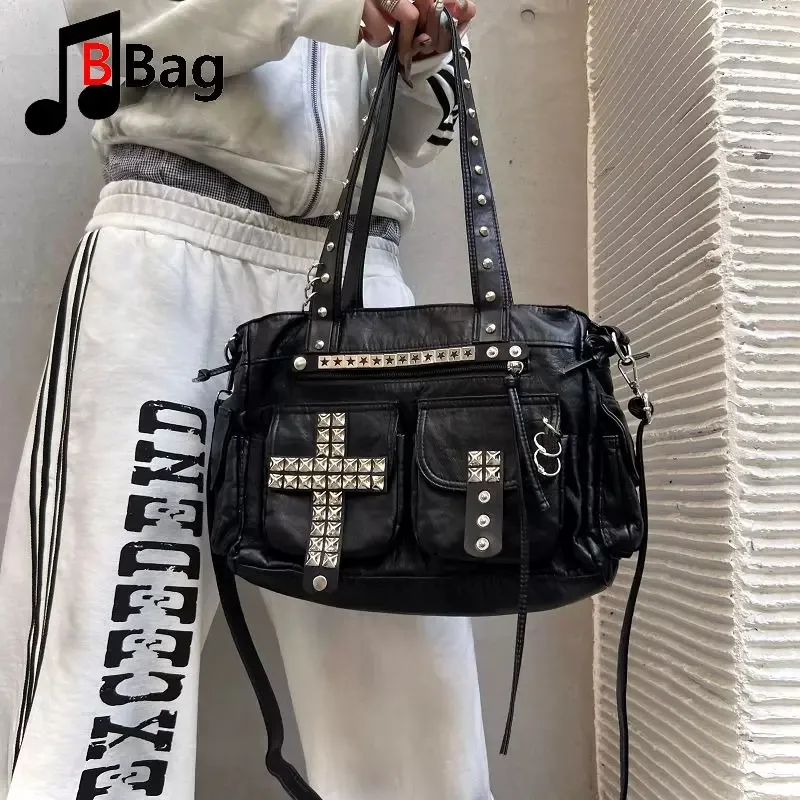 sac fourre-tout original fait main, style punk à rivets, motif croix, lourd, pour subculture visual kei, sac à main gothique, sac bandoulière harajuku