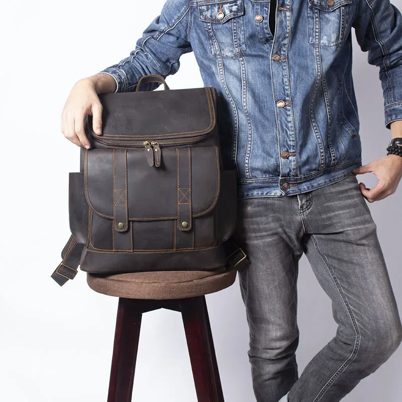 sac à dos vintage en cuir véritable pour homme, grande capacité, sac à bandoulière pour ordinateur portable en cuir pleine fleur, sac crazy horse, mode pour homme