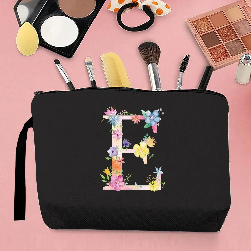 trousse de maquillage pour femmes, trousse de maquillage portable, trousse de maquillage de voyage pratique, sac à main en toile, motif de lettres roses, organisateur de bijoux