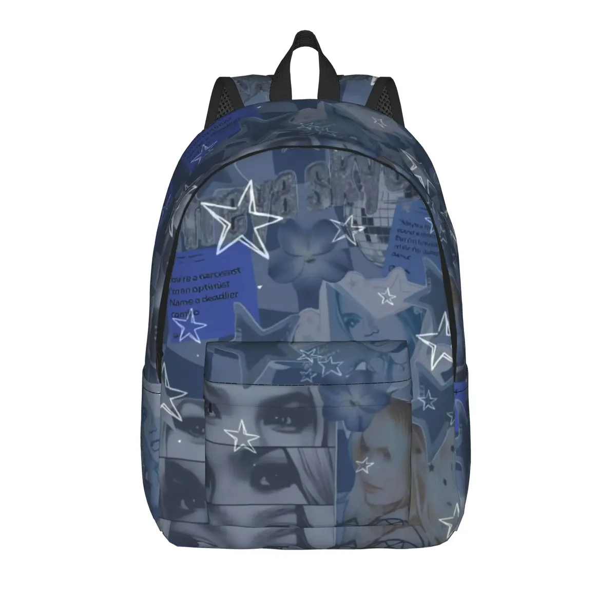 sac à dos freya skye avec patchwork photo et texte bleu, sacs à dos modernes pour garçons, sacs de randonnée souples, sacs d'école secondaire, sac à dos de créateur