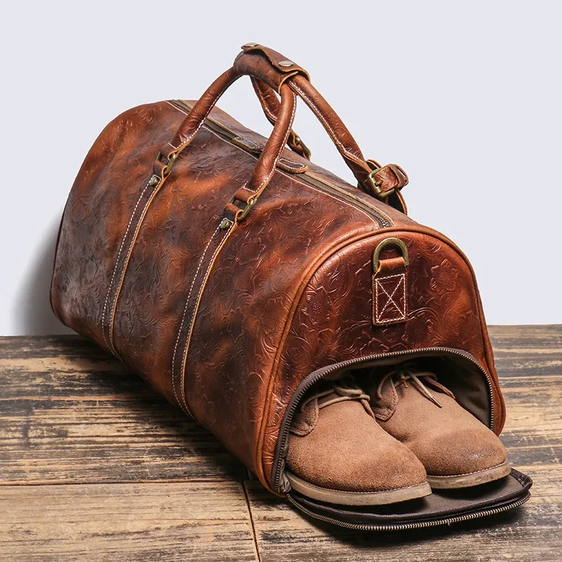 leathfocus-sac à main en cuir gaufré vintage pour hommes et femmes, sac de voyage de grande capacité, sac de sport d'affaires, sac de week-end