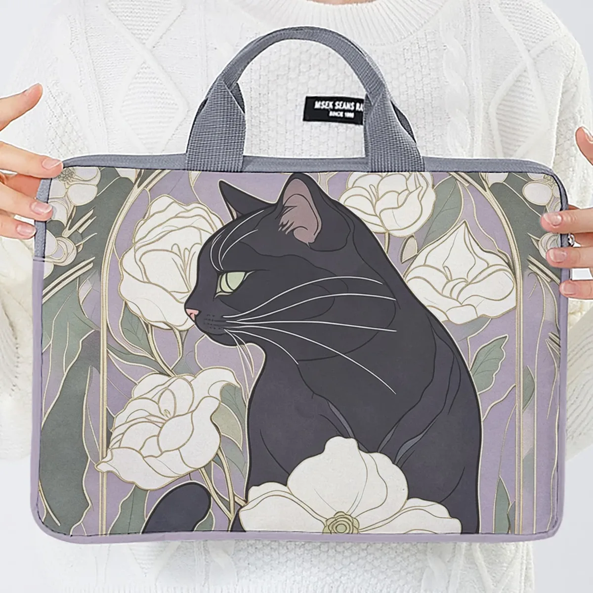 housse ordinateur portable impression chat noir fleurs polyester protection voyage travailler transport document travail