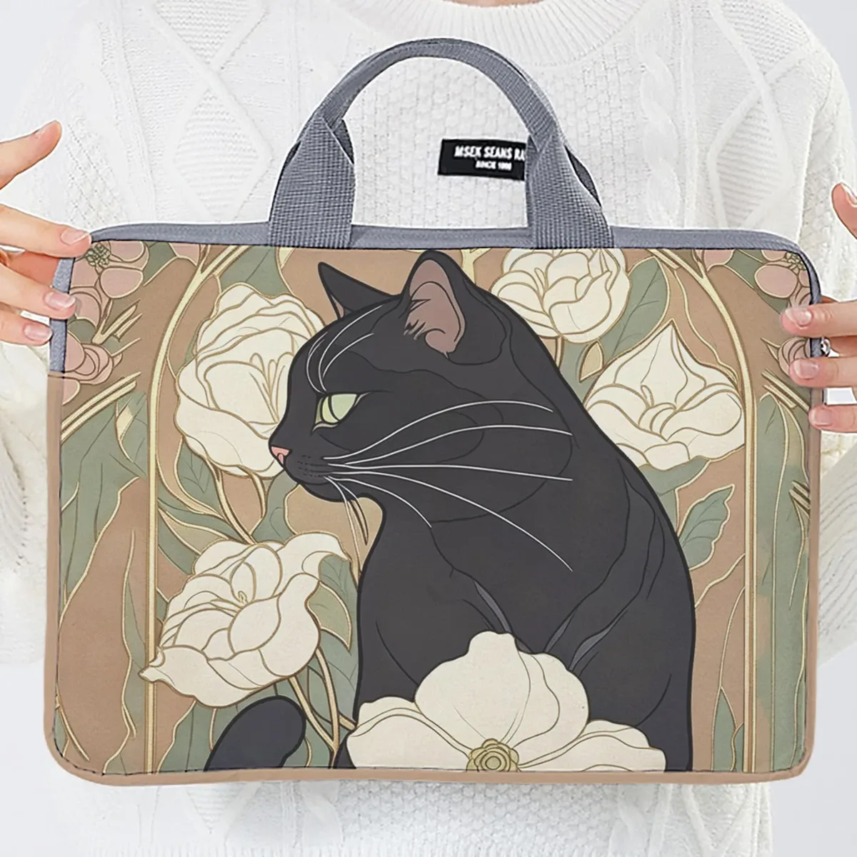 housse ordinateur portable impression chat noir fleurs polyester protection voyage travailler transport document travail