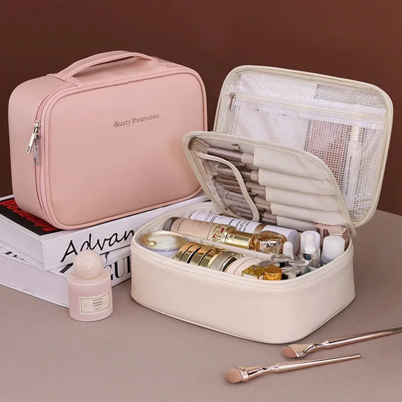 sac de maquillage fourre-tout de grande capacité en pu, organisateur de voyage, sac de rangement de cosmétiques, trousse de luxe pour femmes, pochette double couche, vente en gros