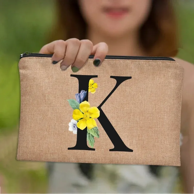 pochette en lin à fermeture éclair pour femmes, imprimé de lettres florales, étui de rangement de voyage, sac à cosmétiques, trousse de maquillage, sacs de maquillage de demoiselle d'honneur