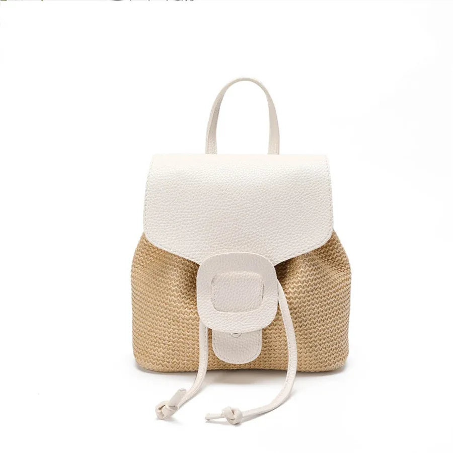 sac à dos en paille et en cuir synthétique pour femmes et adolescentes, sac à bandoulière, sac à cordon, sac de voyage pour femmes, sac à dos de grande capacité.