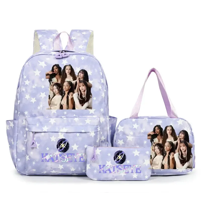 sac à dos scolaire pour étudiants avec imprimé amusant hot katseye, ensemble de sacs à dos, sac à déjeuner et trousse à crayons, sac à dos populaire pour enfants et adolescents, couleur bonbon
