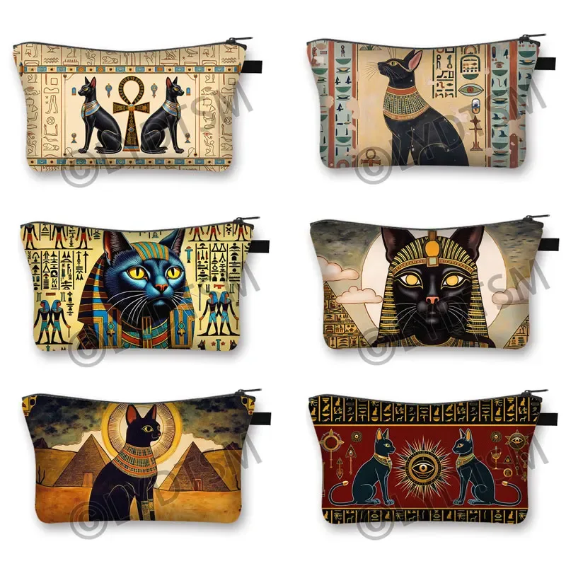 trousse à cosmétiques imprimée chat noir égyptien ancien, sac de maquillage pour femmes, hiéroglyphes égyptiens, croix ankh, rouge à lèvres, serviette, sacs de toilette