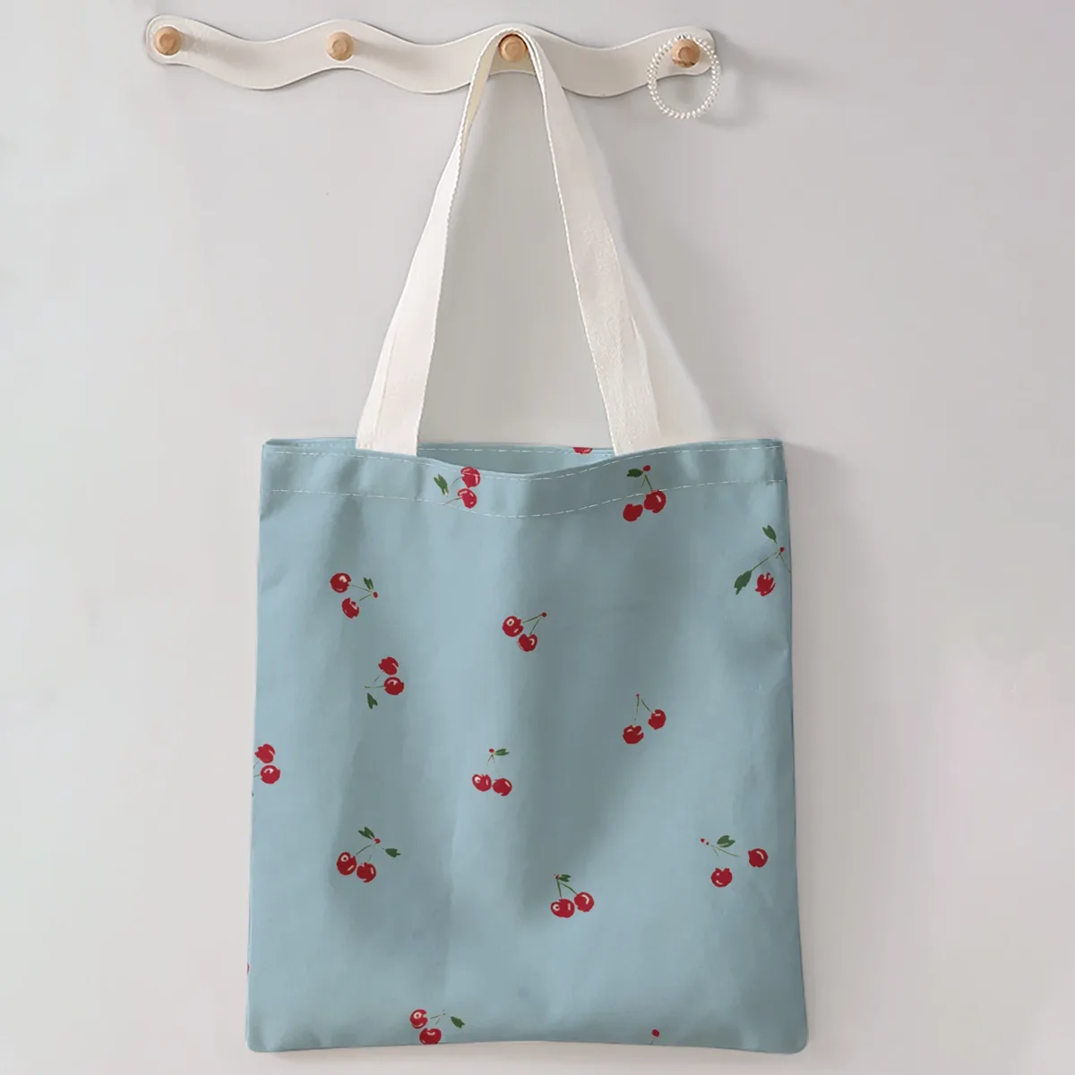 sac à main décontracté imprimé motif cerises, sac à dos réutilisable et tendance, sac à main multifonctionnel, sac de shopping en toile