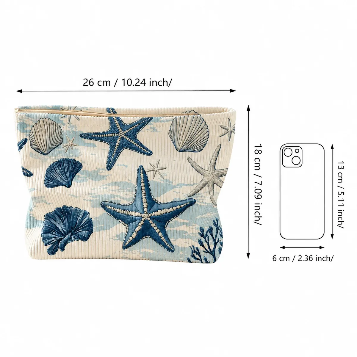 trousse de maquillage en velours côtelé motif étoile de mer et coquillage, grande pochette de voyage zippée pour femmes, idéale pour les vacances à la plage