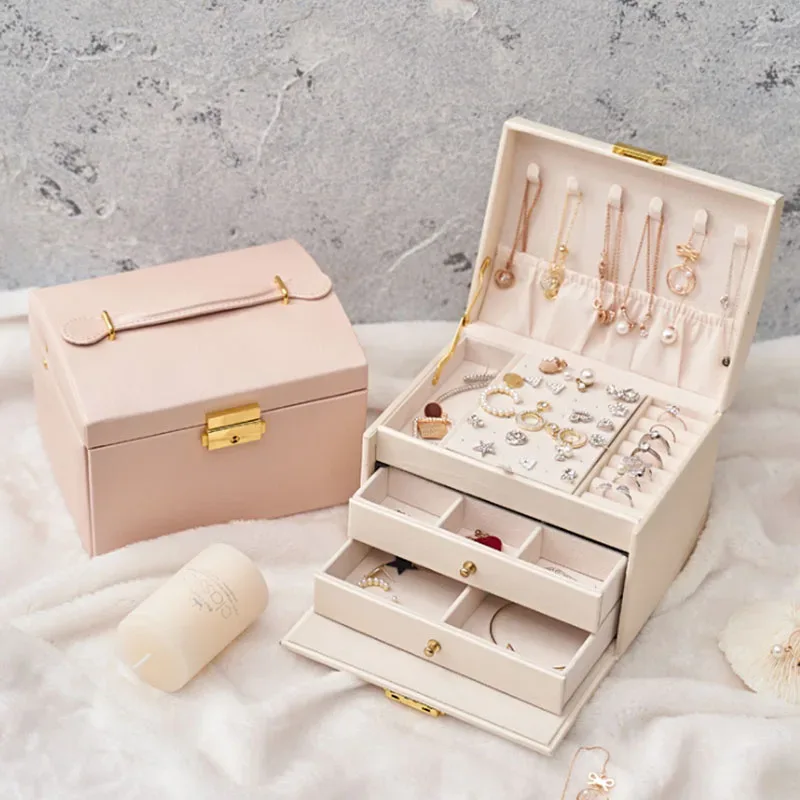 organisateur voyage bijoux pu rose vert marine compartiment tiroirs poignées elégantes stockage cosmétiques femmes travail vacances