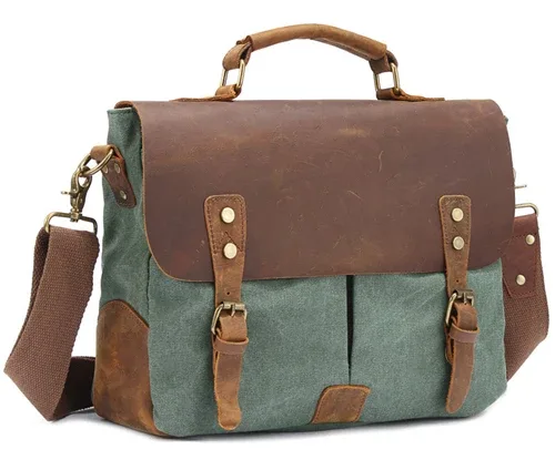 sac d'affaires vintage en cuir et toile pour homme, porte-documents, sac de bureau, mallette en toile, porte-documents, sacoche à documents.