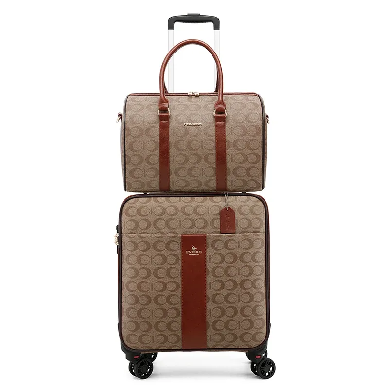 valise bagage pu géométrique beige marron clair petite sacoche main grande cabine roulettes transport unisexe