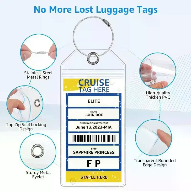 étiquette de bagage multifonctionnelle pour bateau de croisière, boucles en fil d'acier, porte-carte d'identité vertical transparent en pvc imperméable, étiquette de voyage