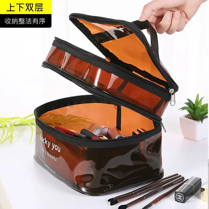 trousse de toilette portable double couche pour femmes, grande capacité, sac à cosmétiques étanche, sac de rangement de voyage