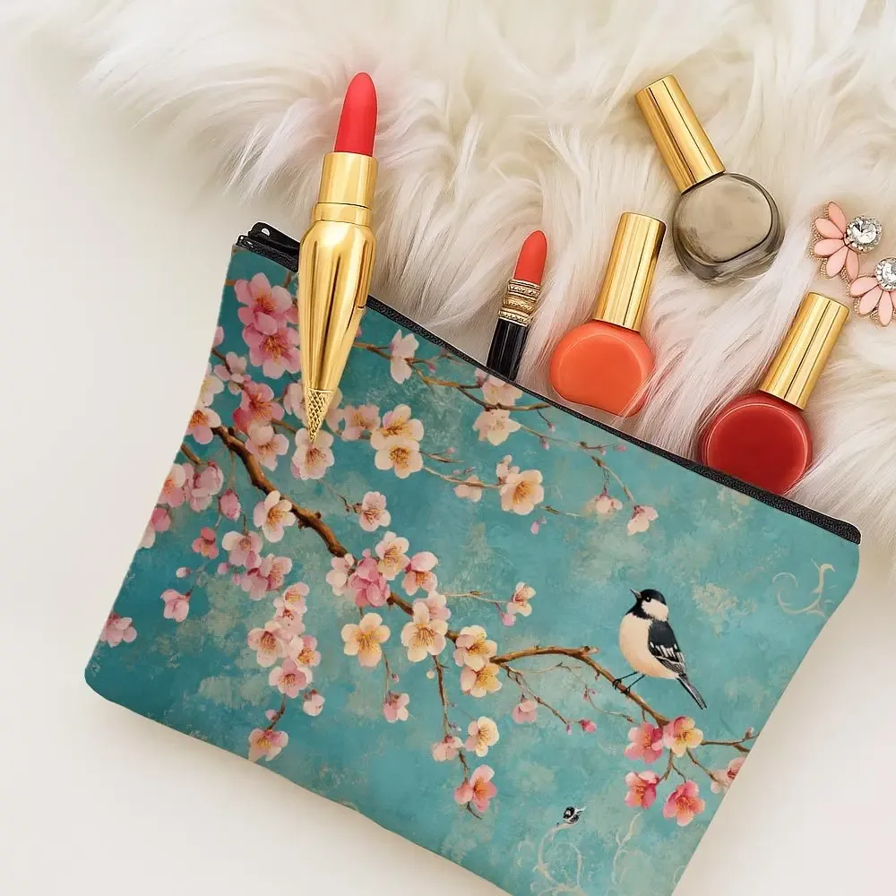 trousse de maquillage à motif floral, imprimé botanique vintage, oiseau, fleur de cerisier, trousse de toilette portable, pochette de rangement chic et pratique pour femmes