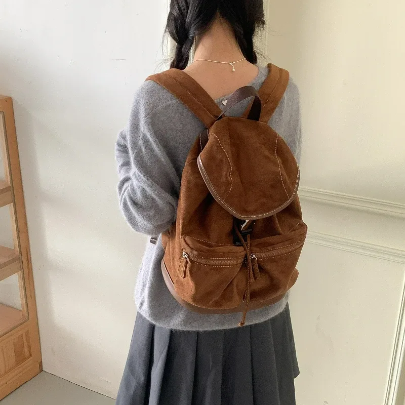 sac à dos à rabat avec cordon de serrage de style coréen, sac d'hiver vintage en daim de grande capacité à la mode, sac à bandoulière polyvalent pour voyage