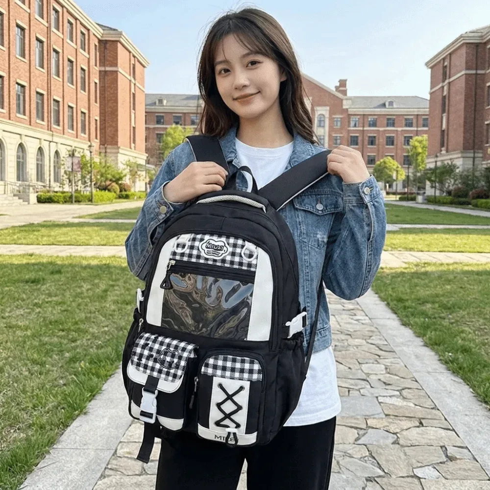 sac à dos scolaire de style preppy à plusieurs compartiments, grande capacité, multi-poches, fermeture éclair, léger, motif à carreaux, sac à dos de jour à blocs de couleurs.