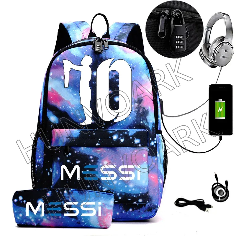messi-sac à dos étanche avec chargeur usb, sac à dos de voyage décontracté, grande capacité, sacs d'école pour ordinateur portable, hommes et femmes