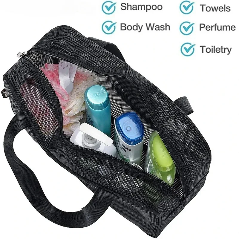 sac de rangement de douche en maille portable, grande capacité, sac de toilette pour salle de bain, organisateur de cosmétiques et articles divers pour les voyages et les sorties quotidiennes