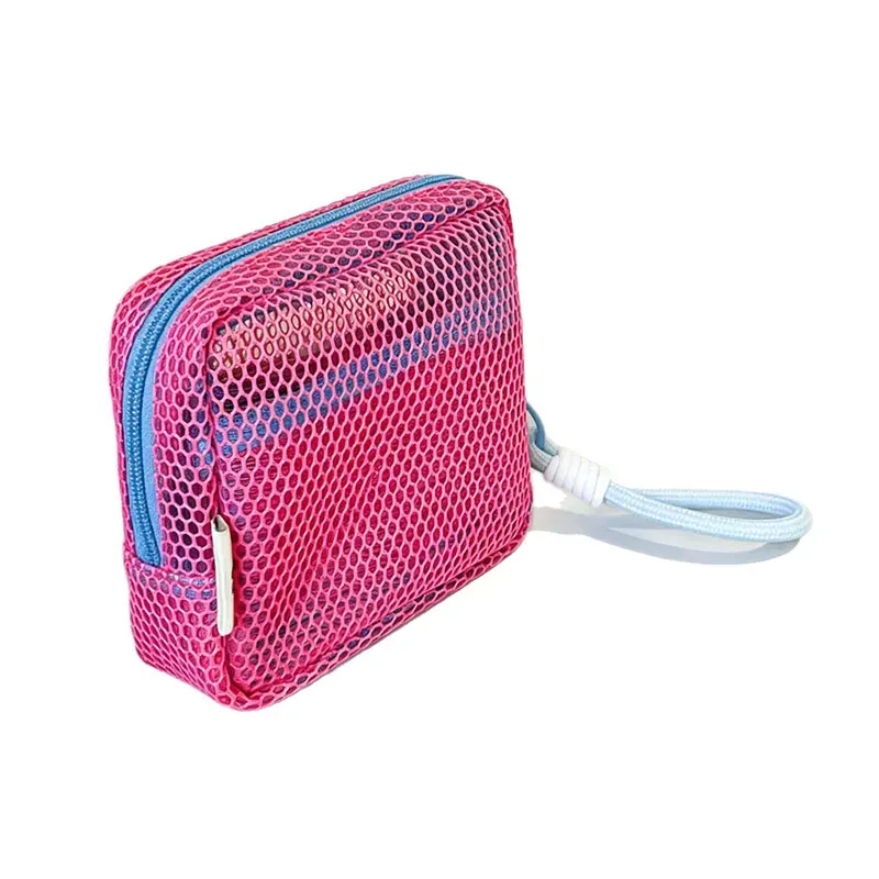mini porte-monnaie portable en maille, trousse de maquillage en tissu maille dopamine, sac de rangement pour argent, rouge à lèvres et fards à paupières pour les voyages et le shopping