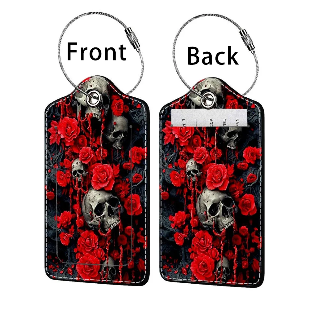 promotion étiquette de bagage en cuir à motif d'horreur, étiquette d'adresse pour valise, étiquette d'embarquement pour bagage, clip pour nom, identifiant et adresse