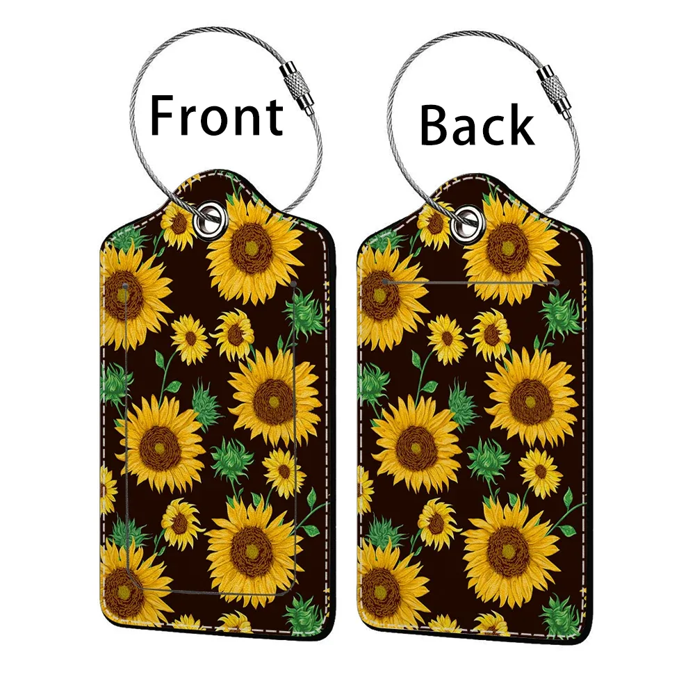étiquette bagage polyuréthane motif tournesols bleu nuit jaune voyage identification personnelle plaques adresses double cartes bancaires