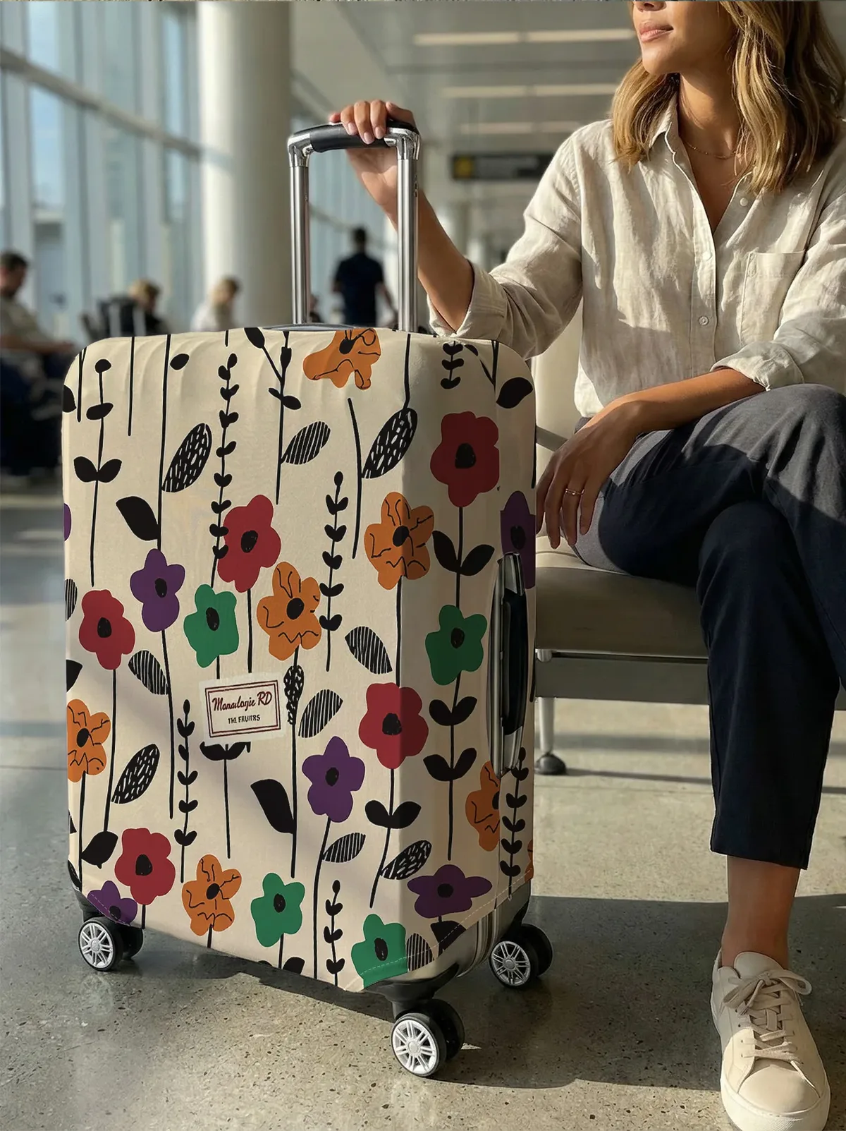 housse de bagage à imprimé floral dessiné à la main couleur morandi, adaptée aux bagages de 18 à 32 pouces, gant de protection pour poignée de bagage, accessoires de voyage