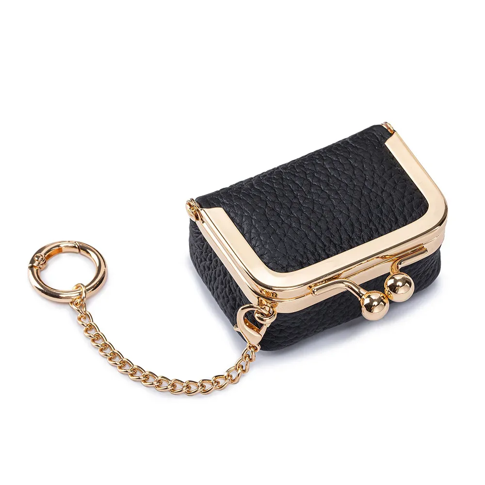 porte-monnaie miniature en cuir véritable avec fermoir à pression et chaîne, petite pochette à fermoir pour femmes, sac de rangement pour bijoux, porte-monnaie compact et solide.