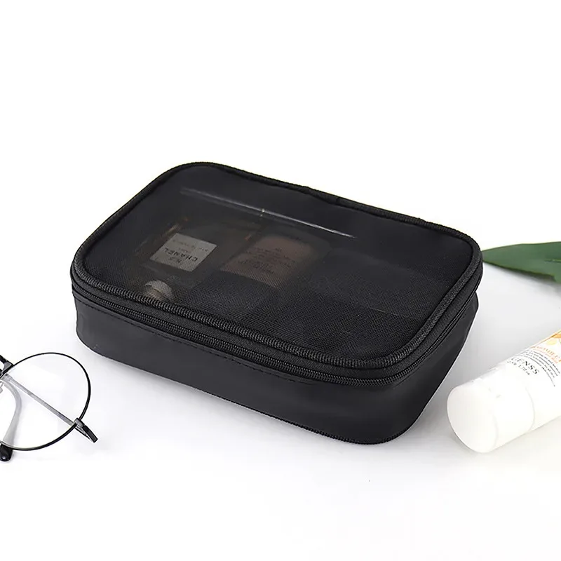 femmes mode sac de maquillage femmes couleur unie fermeture éclair sac cosmétique maille transparent décontracté voyage portable mini lavage sacs de rangement