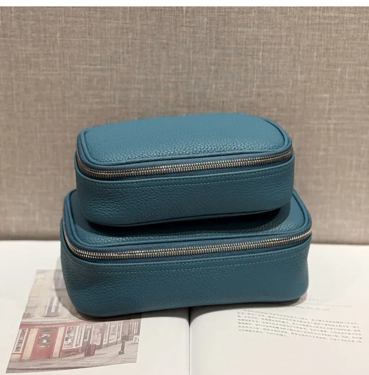 sac de maquillage en cuir véritable, design simple, cuir de vachette de première qualité, sac de toilette portable, sac de rangement pour cosmétiques pour femmes, sac de voyage