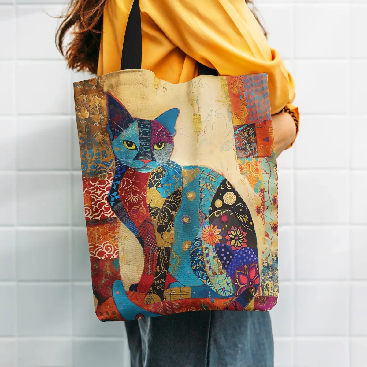 1/5/10 pièces sac fourre-tout à motif floral de chat, sac à bandoulière esthétique en toile pour l'école, sac de courses léger