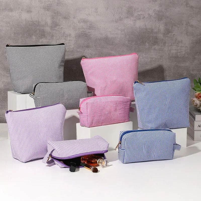 trousse polyester rayé rose violet bleu oreiller format voyage grande capacité maquillage cosmétiques femmes