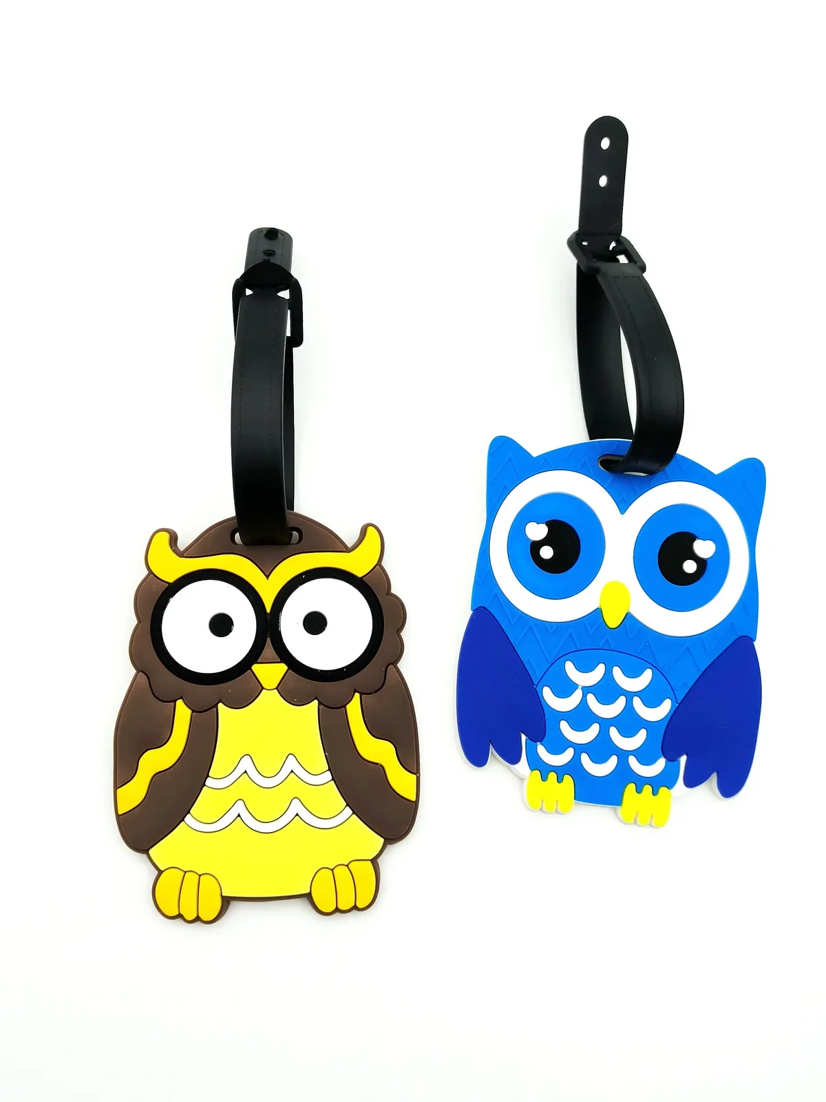 étiquette bagage pvc hibou bleu jaune marron oeil grand ouvert accessoire voyage identification anti perte aéroport