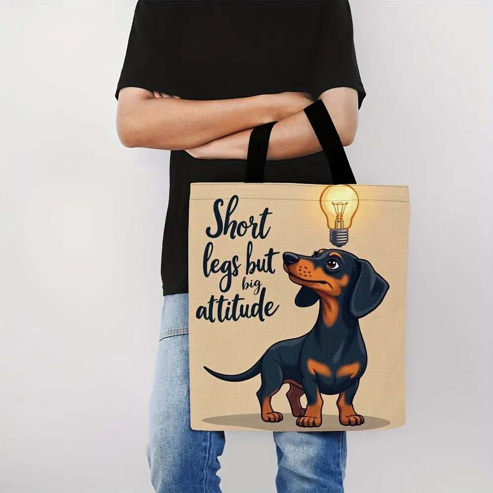 sac fourre-tout amusant en polyester durable à grande capacité avec motif de dessin animé teckel « jambes courtes, grande personnalité » pour les courses