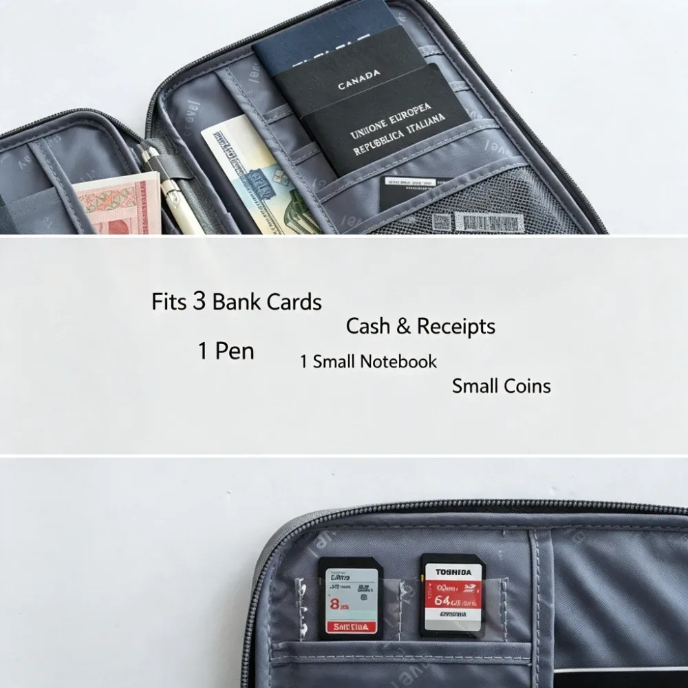 sac de voyage multifonctionnel imperméable pour passeport, sac à documents, grande capacité, rangement pour cartes, billets, clés, portefeuille, accessoires de voyage
