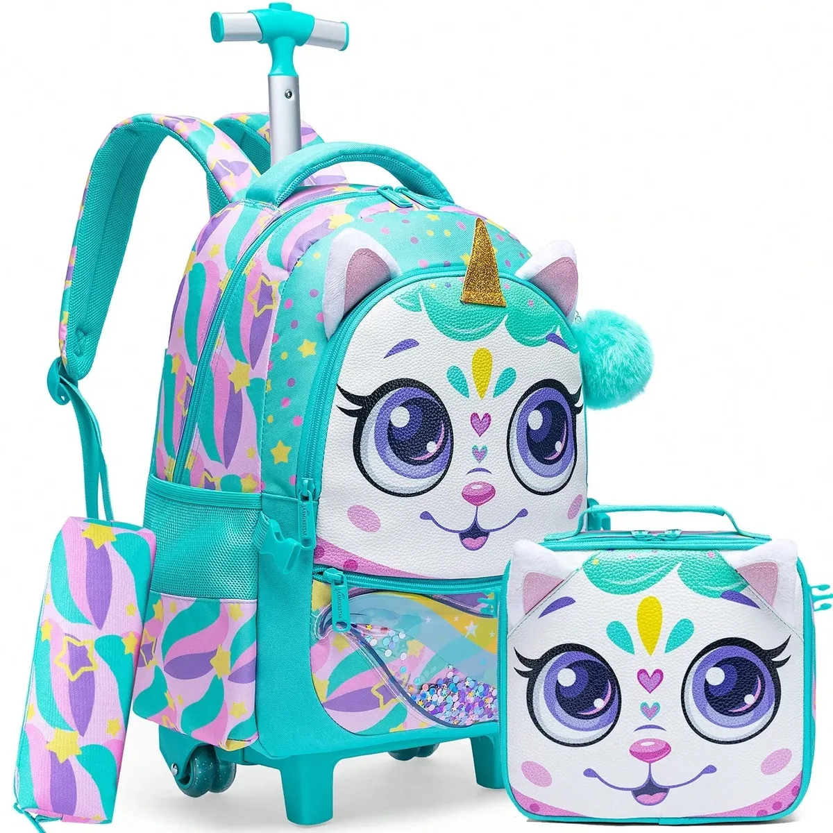 interrupteur sac à dos à roulettes pour filles, sacs à dos à roulettes pour élèves du primaire, bagages de voyage 3 en 1, valise à main, 3 pièces