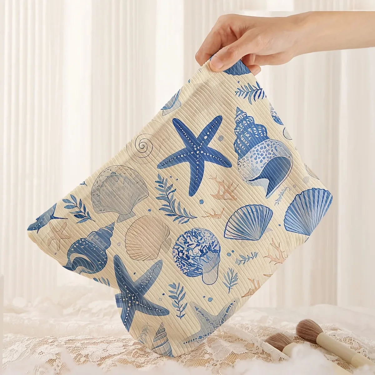 trousse de maquillage imprimée motif coquillages et étoiles de mer - pochette de rangement légère à fermeture éclair, unisexe, adaptée aux articles de toilette et aux accessoires