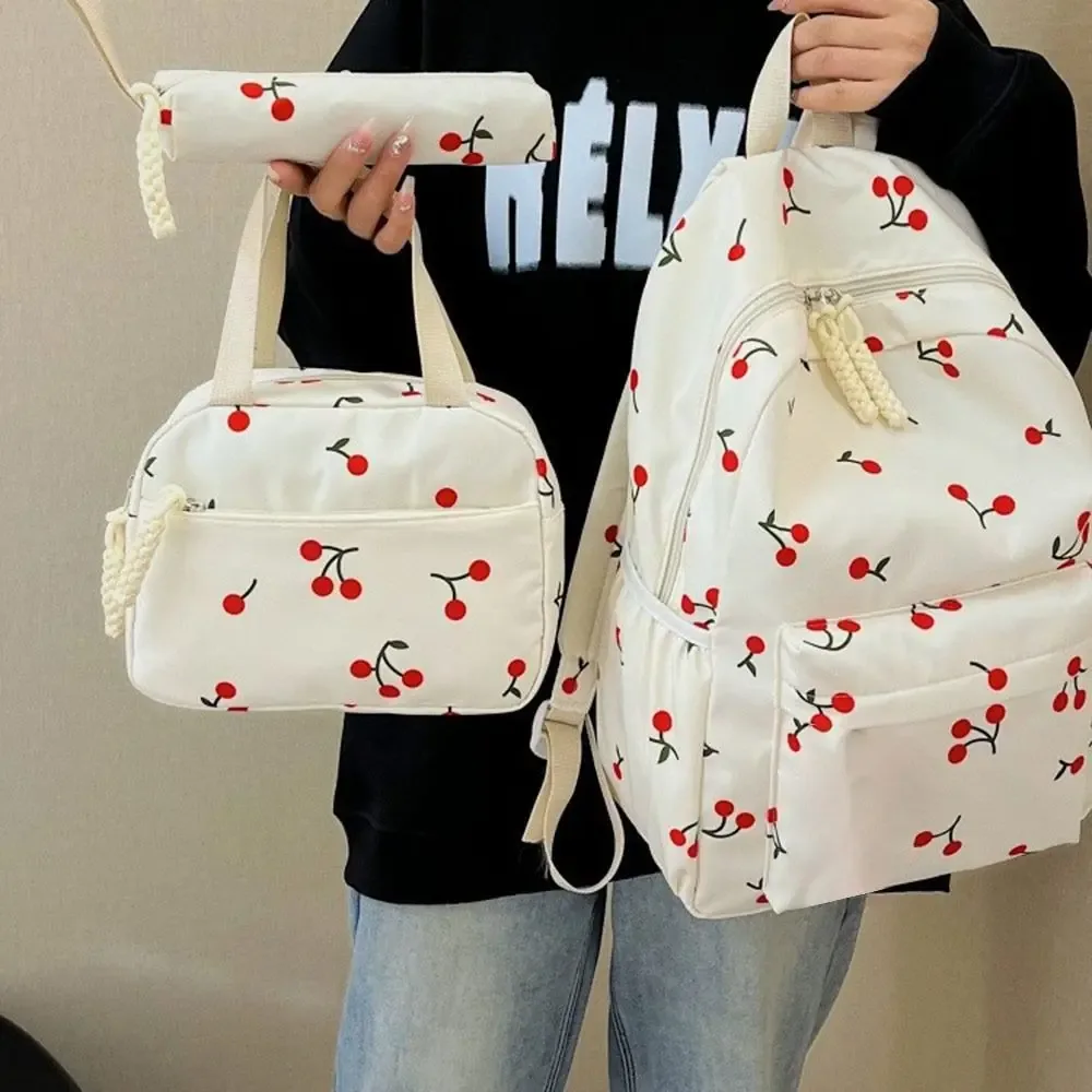 Sac Dos Polyester Cerises Rouges Fond Blanc Noir Sacs École Grande Capacité Poignée Amovible Motif Cerises Voyage Usage Scolaire