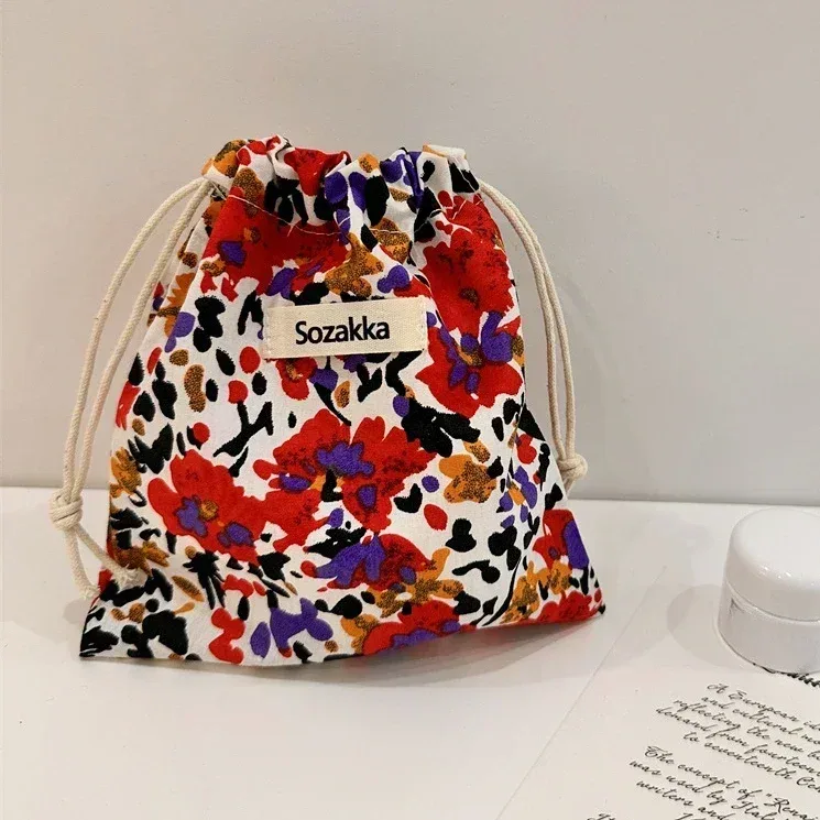 sacs à main en tissu de coton floral, petit sac à cordon de proximité, rouge à lèvres, trousse de toilette, trousse de maquillage, pochette à monnaie, sac de rangement pour écouteurs prédire