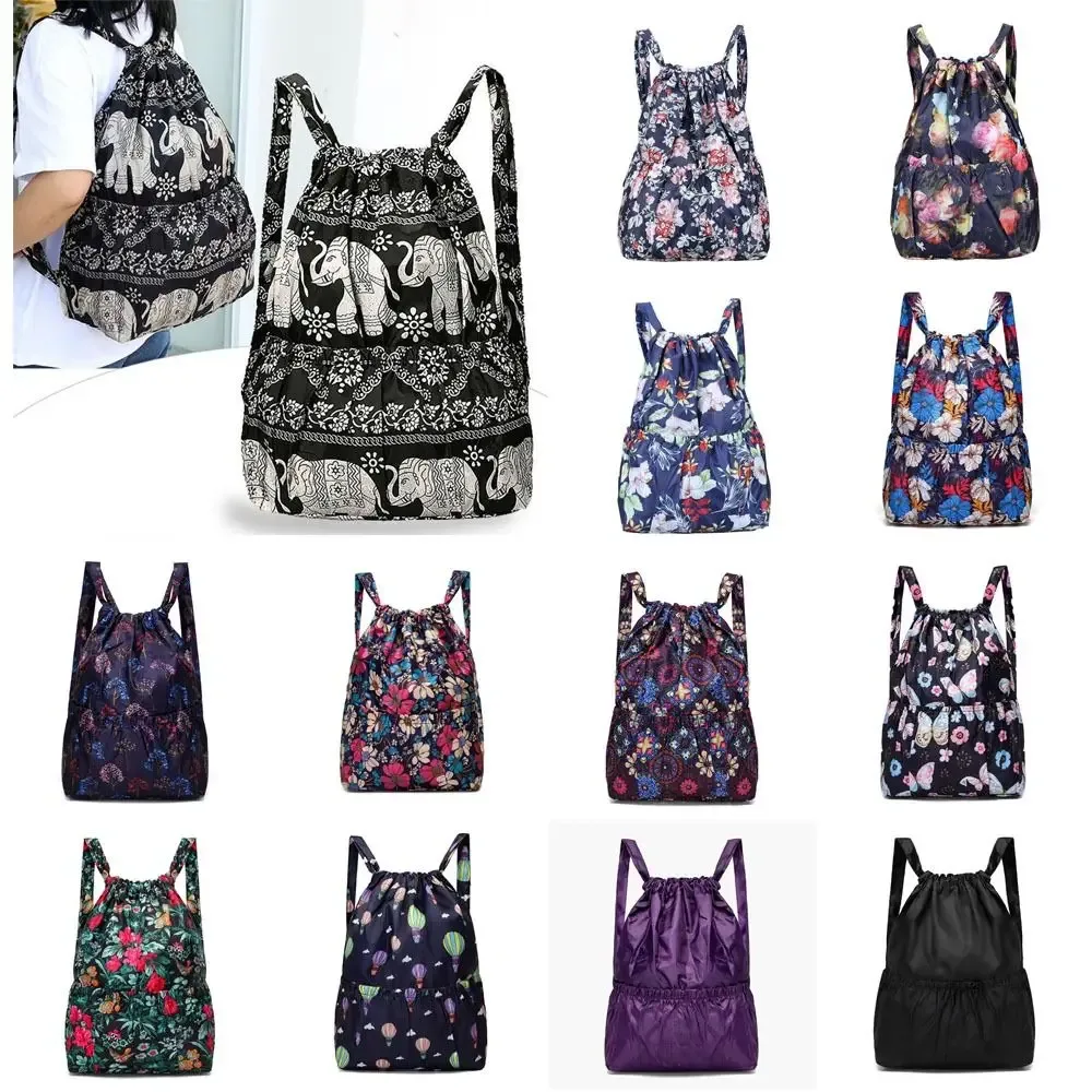 sac à cordon imprimé floral, sac de shopping portable en polyester de grande capacité, sac de voyage léger et étanche pour adolescentes