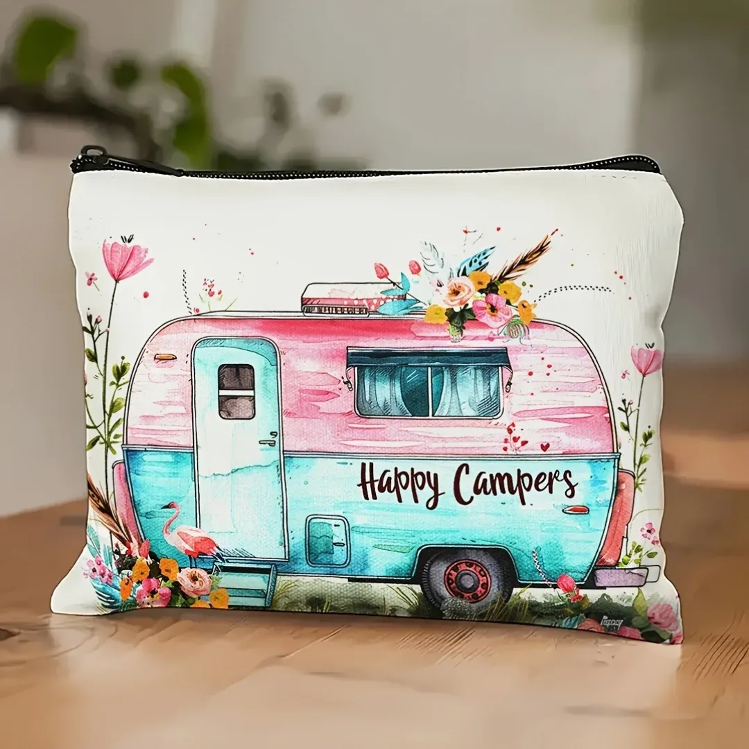trousse de maquillage de camping vibrante, sac à cosmétiques design happy camper, pochette à cosmétiques légère en polyester pour voyage, cadeaux de noël
