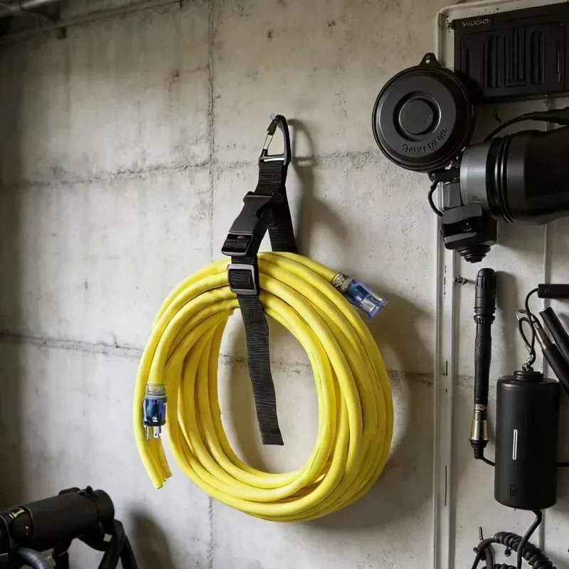 organisateur de rallonge réglable noir avec boucle à 3 axes - sangle de rangement robuste pour l'organisation d'atelier et de garage