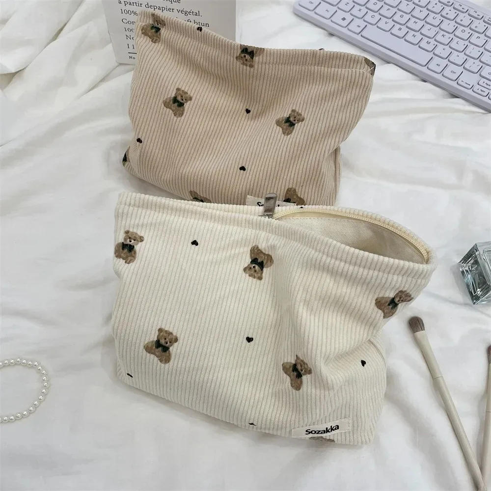 pochette imprimée ours en velours côtelé, sac à cosmétiques, pochette de maquillage de grande capacité, trousse de toilette, rangement de maquillage de voyage en plein air, nouvelle collection
